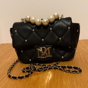 Badgley Mischka Black Quilted Mini Bag with Pearl Accent